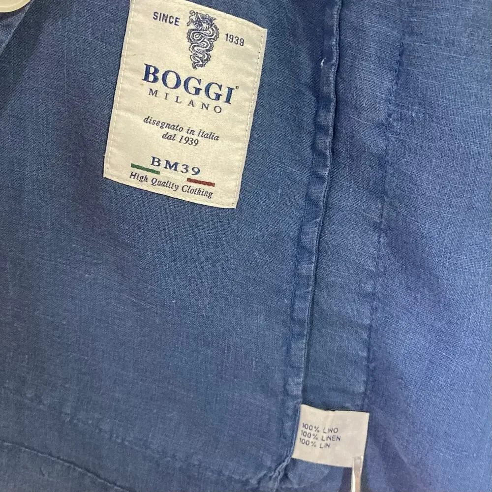 BOGGI MILANO Blazer Mens XXL Linen Navy Pearl Buttons 3 Pocket Single Breasted